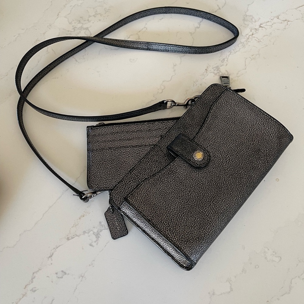 Leather gunmetal color Coach purse crossbody purse with removable wallet